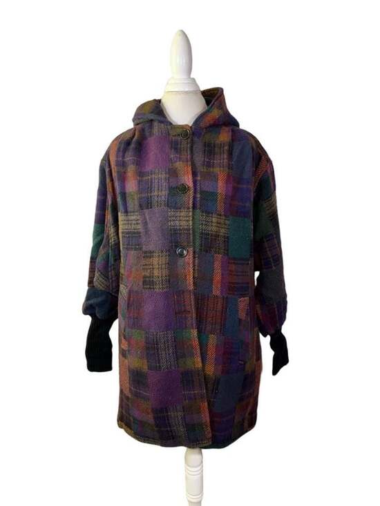 Bambi Fashions Jackets & Blazers - Bambi Fashions Vintage Multi-Color Plaid Patchwork Hooded Coat with Knit Cuffs
